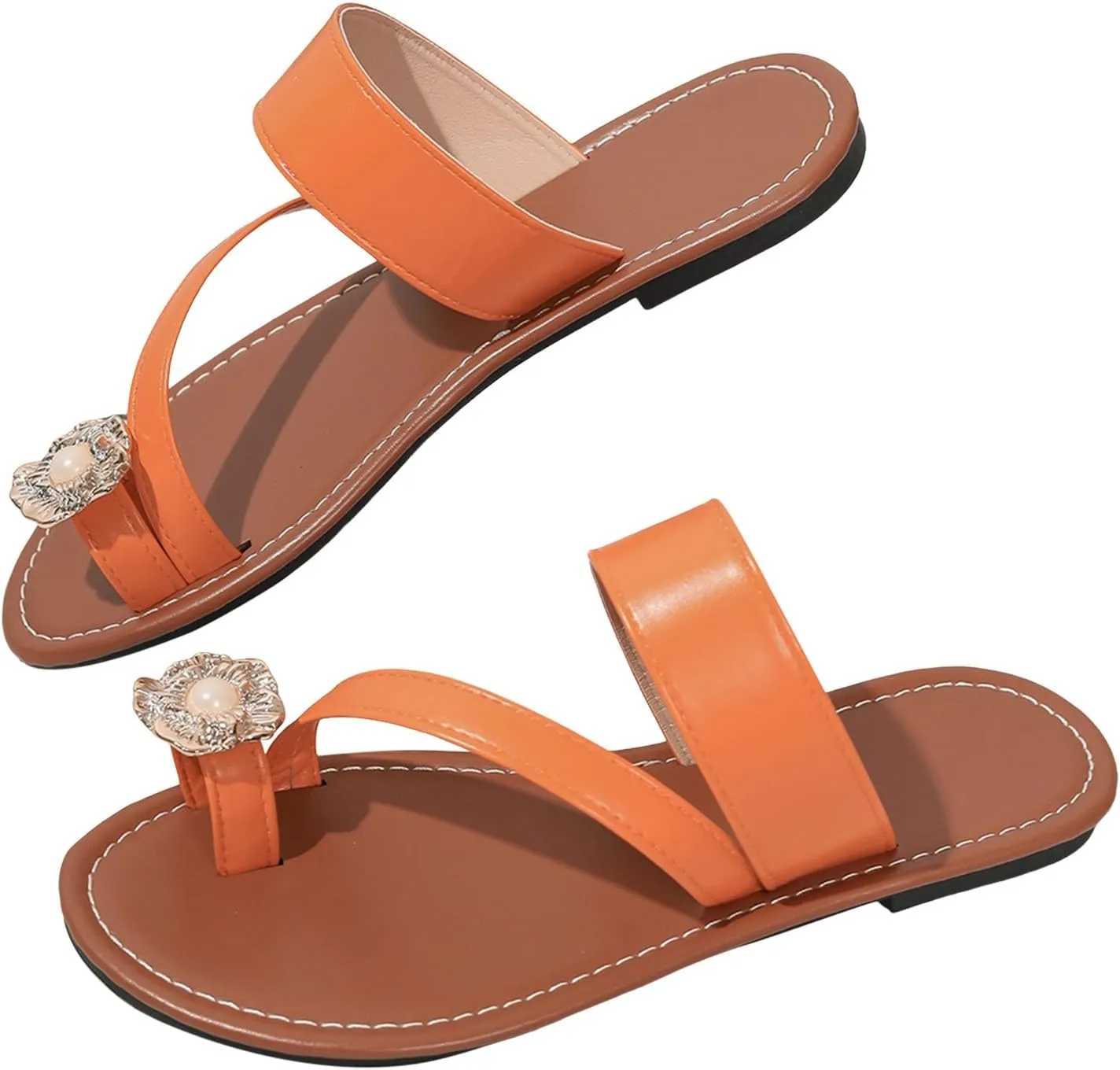 2025 Women's Split Toe Flat Sandals Slip On Backless Comfy Two Band Flip Flops Pearls Rhinestones Sparkly Slides Ladies Summer Comfortable Cushion Footbed Thong Casual Beach Shoes