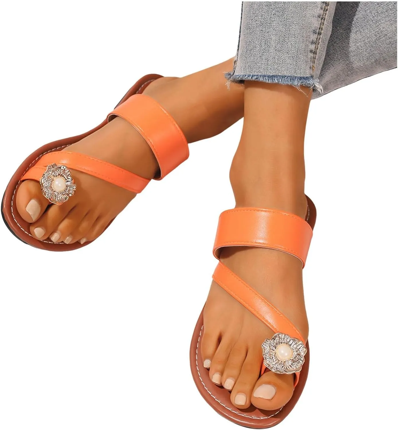 2025 Women's Split Toe Flat Sandals Slip On Backless Comfy Two Band Flip Flops Pearls Rhinestones Sparkly Slides Ladies Summer Comfortable Cushion Footbed Thong Casual Beach Shoes
