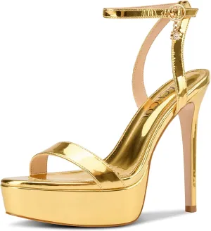 Aachcol Womens Open Toe Platform Stiletto Heels Ankle Strap High Heeled Sandals Patent Leather Sexy Slingback Dress Shoes 5.1 Inches Heels