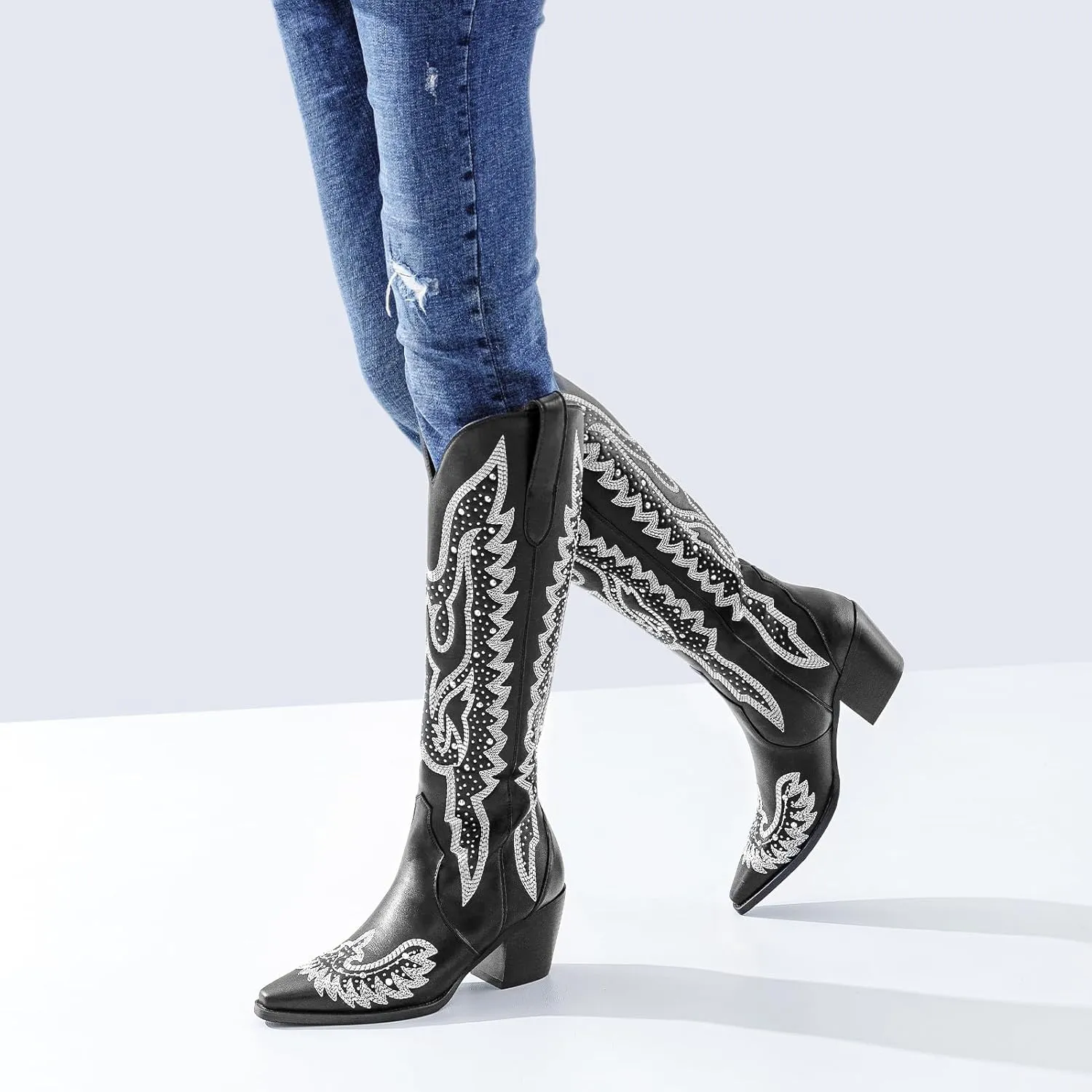 ADAMUMU Womens Wide Calf Cowboy Boots Classic Western-Style Cowboys Boots for Women Pointed Toe Womens Cowgirl Boots with Chunky Heel Non-Slip Sole for Adding Timeless Elegance to Your Wardrobe