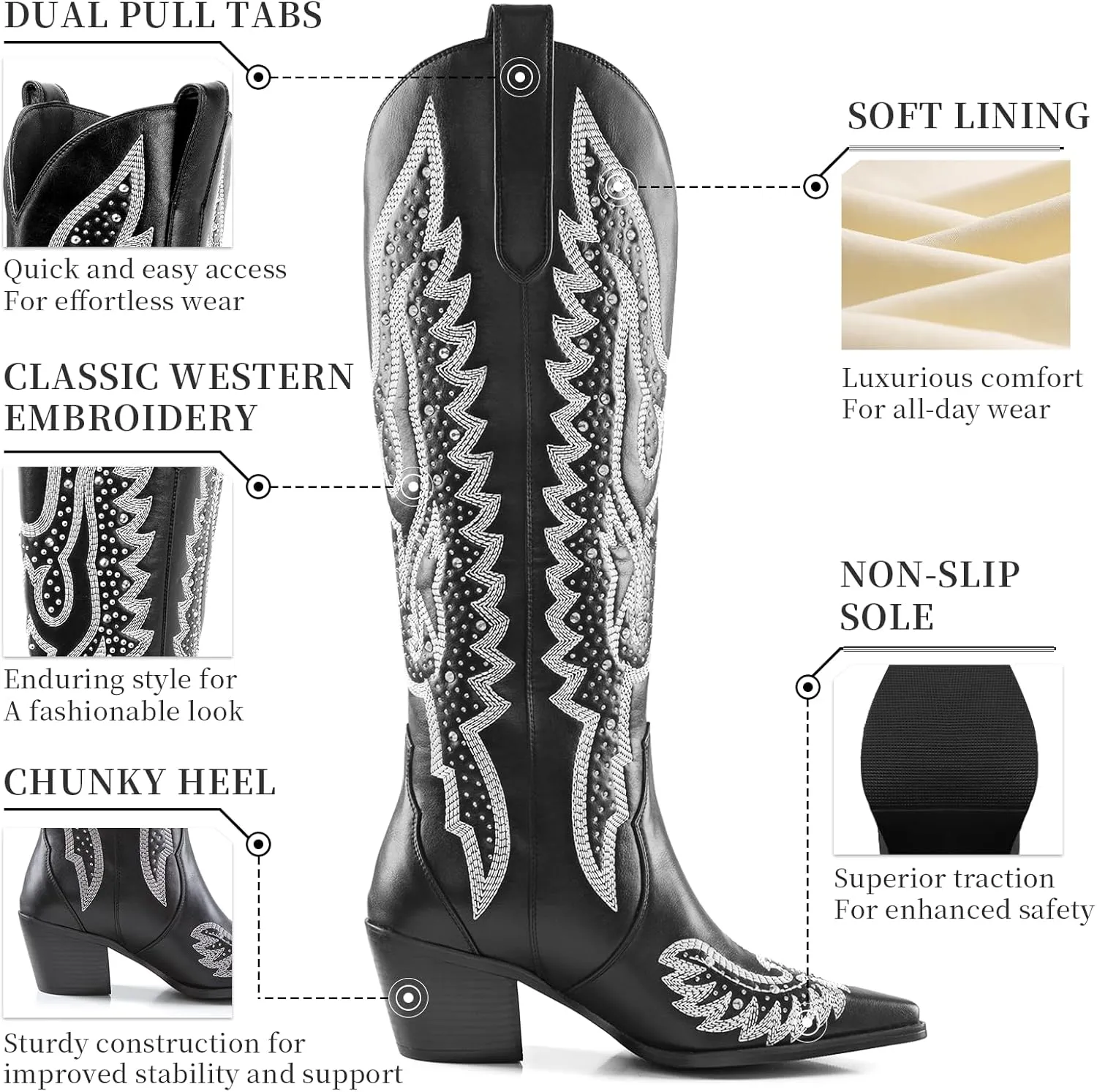 ADAMUMU Womens Wide Calf Cowboy Boots Classic Western-Style Cowboys Boots for Women Pointed Toe Womens Cowgirl Boots with Chunky Heel Non-Slip Sole for Adding Timeless Elegance to Your Wardrobe