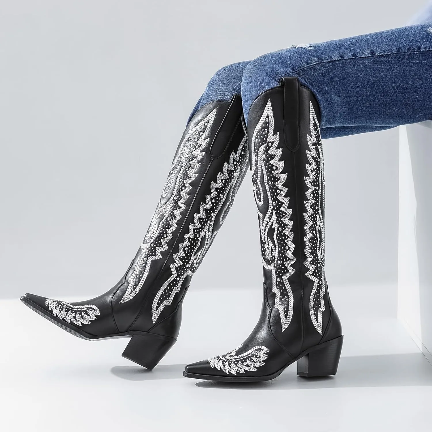 ADAMUMU Womens Wide Calf Cowboy Boots Classic Western-Style Cowboys Boots for Women Pointed Toe Womens Cowgirl Boots with Chunky Heel Non-Slip Sole for Adding Timeless Elegance to Your Wardrobe