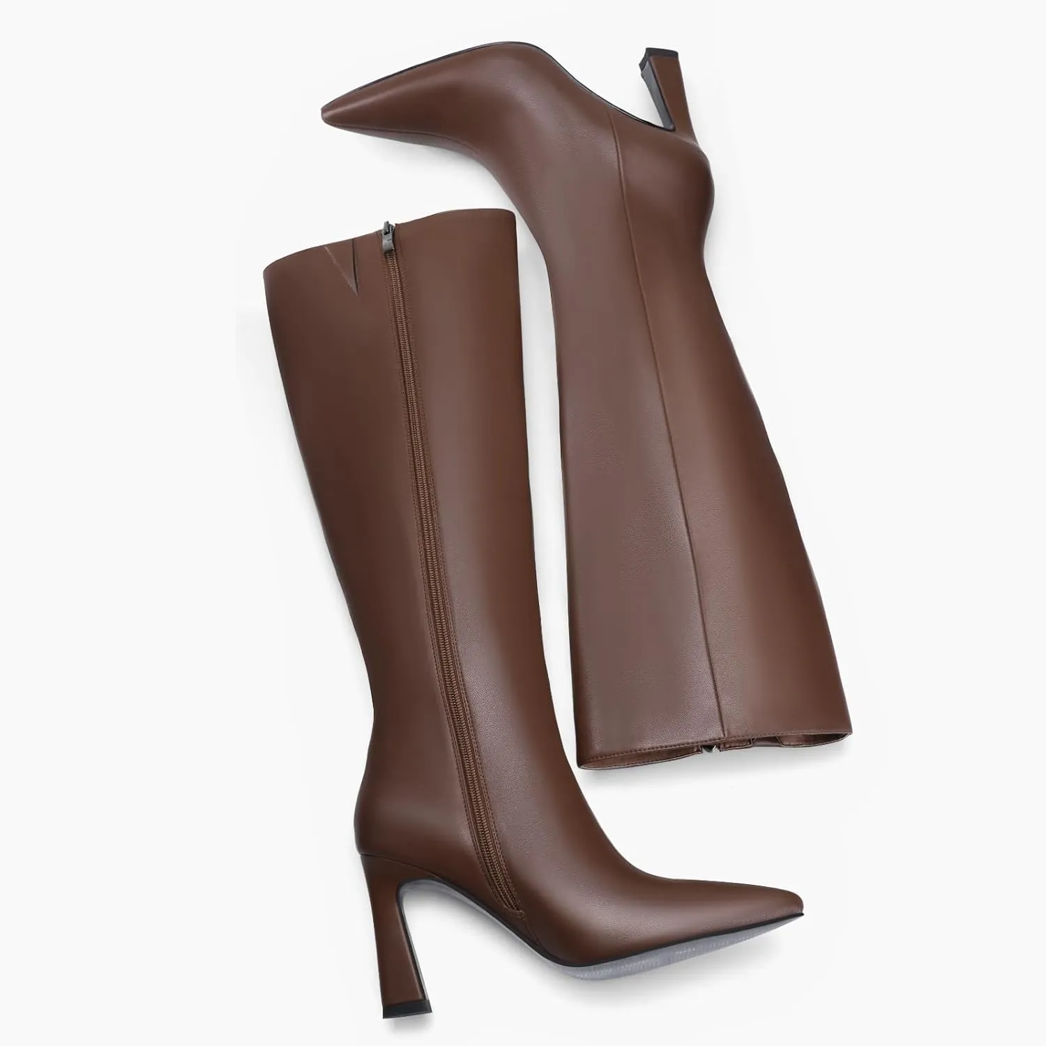 Adrizzlein Women Knee High Boots Pointed Toe Side Zipper Chunky Spool Heel Boot