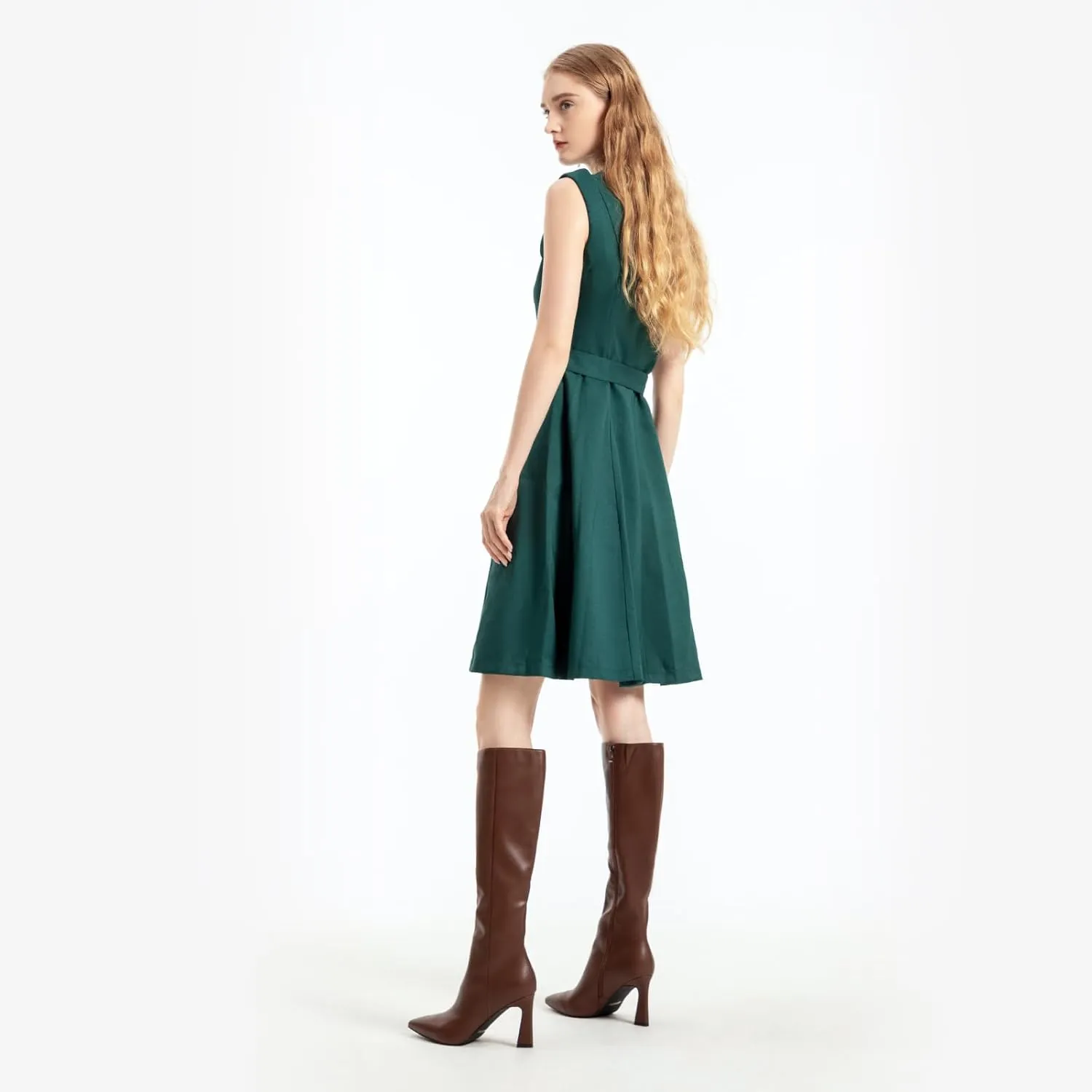 Adrizzlein Women Knee High Boots Pointed Toe Side Zipper Chunky Spool Heel Boot