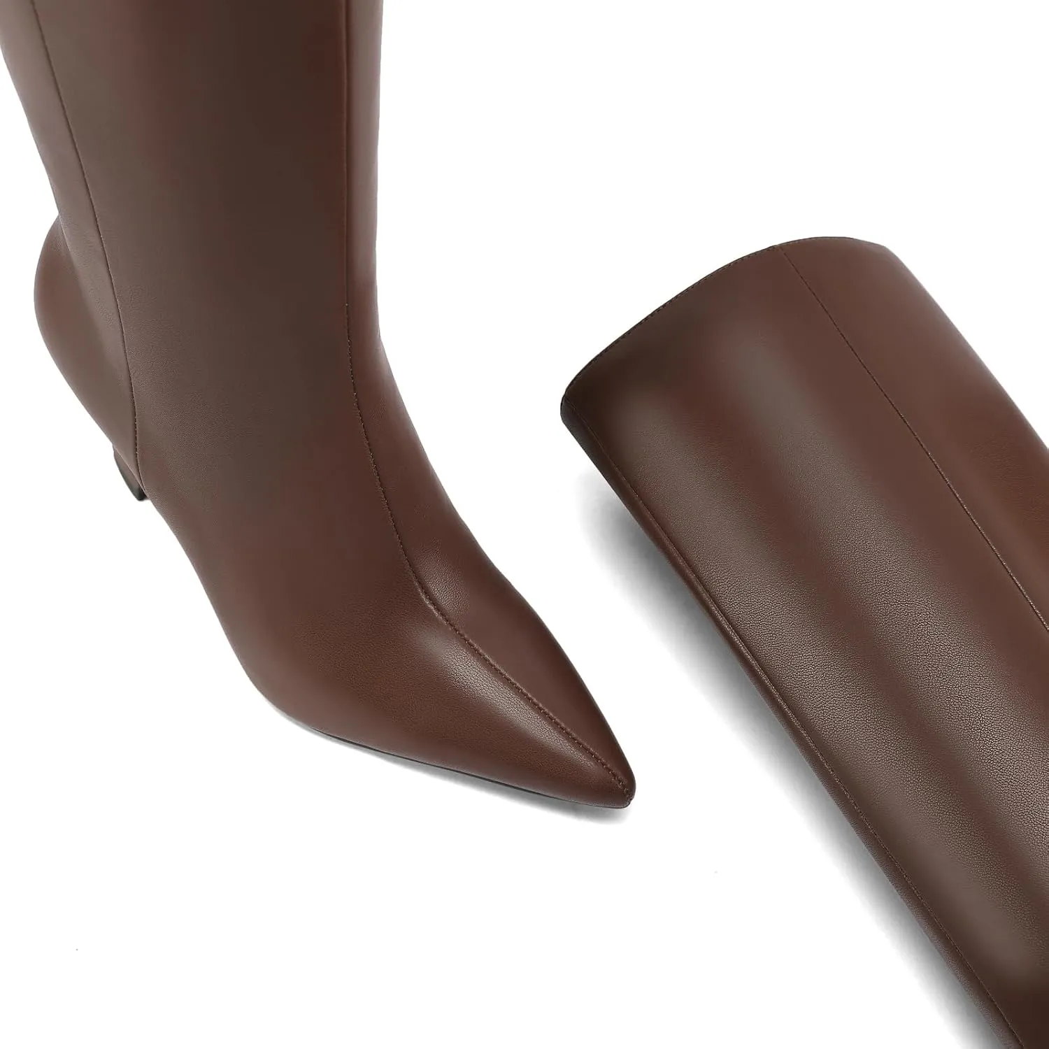 Adrizzlein Women Knee High Boots Pointed Toe Side Zipper Chunky Spool Heel Boot