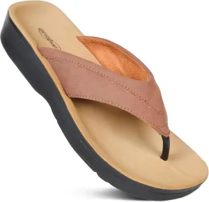 AEROTHOTIC Arch Support Flip Flops for Women Comfortable Cushioned Memory Foam Lined Footbed Outdoor Indoor Dressy Beach Walking Thong Soft Padded Strappy Sandals