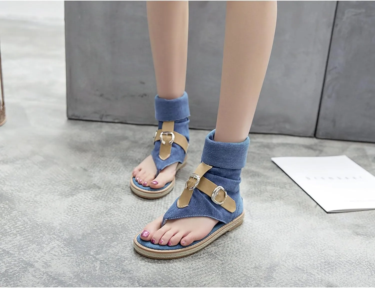 Aflngle Womens Denim Back Zip Flat Open-Toe Sandals Casual High Top T-Strap Clip Toe Short Ankle Boots Summer Thong Flip Flops Gladiator Roman Sandal Mid-Calf Boots