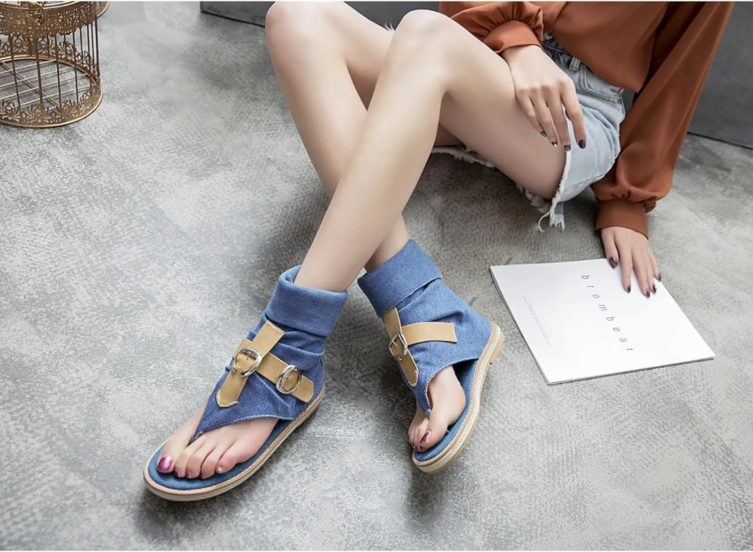 Aflngle Womens Denim Back Zip Flat Open-Toe Sandals Casual High Top T-Strap Clip Toe Short Ankle Boots Summer Thong Flip Flops Gladiator Roman Sandal Mid-Calf Boots