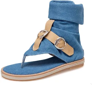 Aflngle Womens Denim Back Zip Flat Open-Toe Sandals Casual High Top T-Strap Clip Toe Short Ankle Boots Summer Thong Flip Flops Gladiator Roman Sandal Mid-Calf Boots