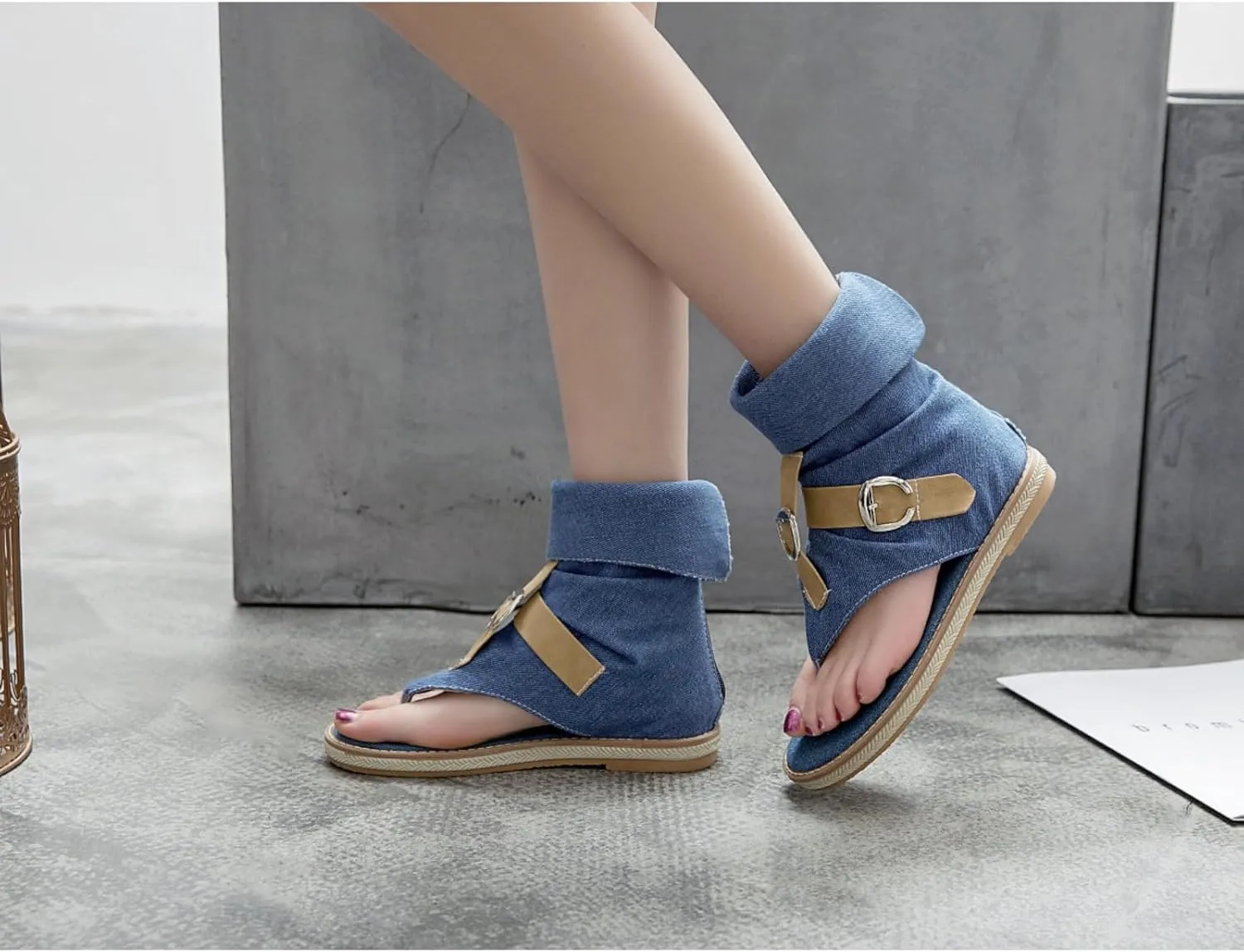 Aflngle Womens Denim Back Zip Flat Open-Toe Sandals Casual High Top T-Strap Clip Toe Short Ankle Boots Summer Thong Flip Flops Gladiator Roman Sandal Mid-Calf Boots