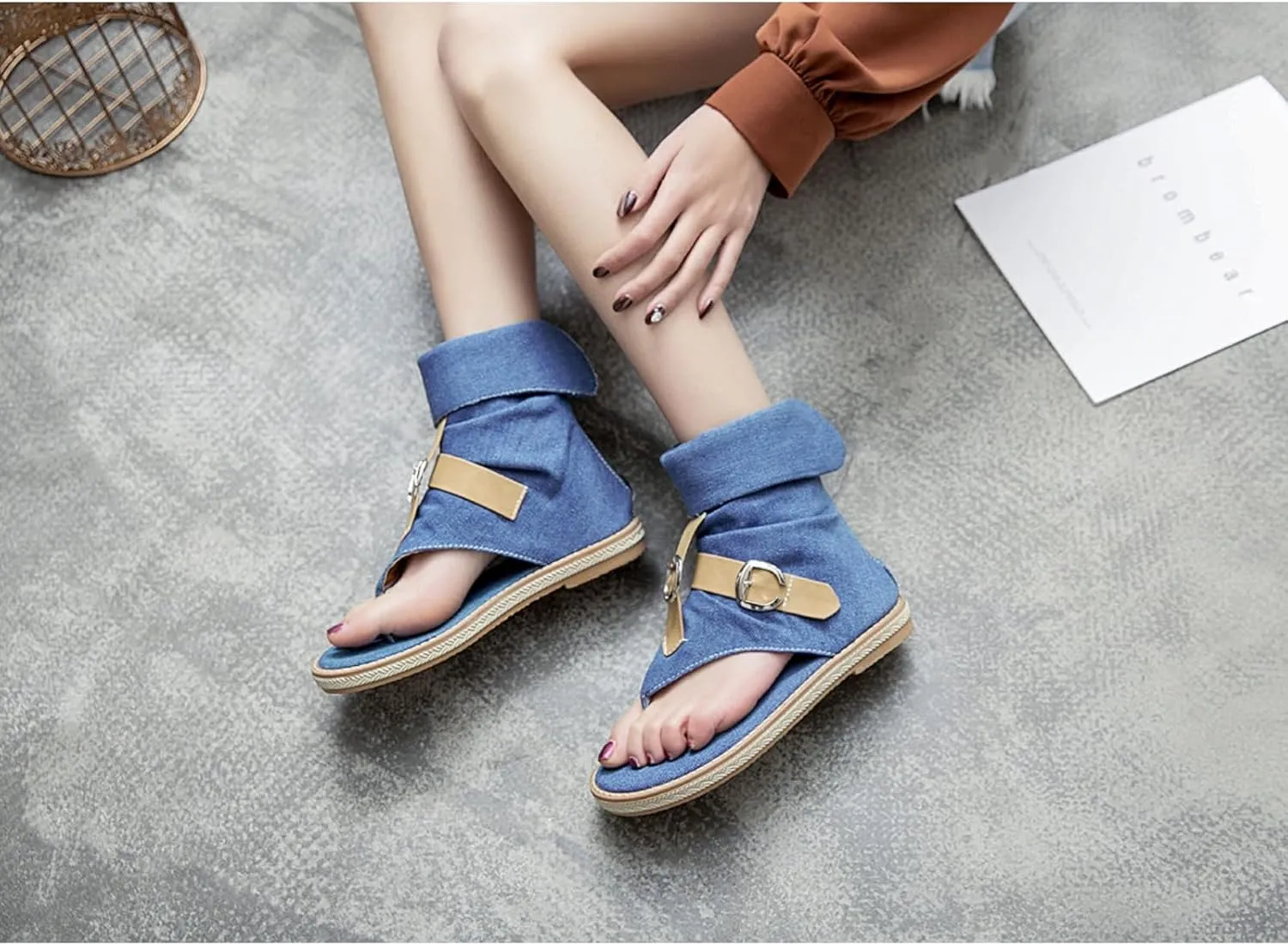 Aflngle Womens Denim Back Zip Flat Open-Toe Sandals Casual High Top T-Strap Clip Toe Short Ankle Boots Summer Thong Flip Flops Gladiator Roman Sandal Mid-Calf Boots
