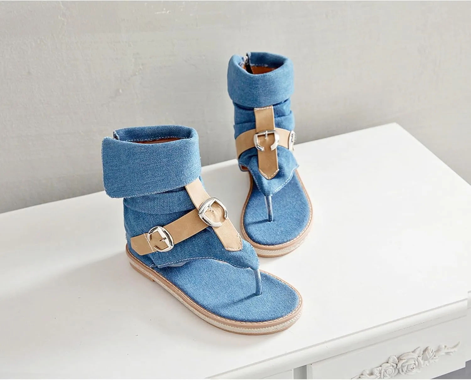 Aflngle Womens Denim Back Zip Flat Open-Toe Sandals Casual High Top T-Strap Clip Toe Short Ankle Boots Summer Thong Flip Flops Gladiator Roman Sandal Mid-Calf Boots