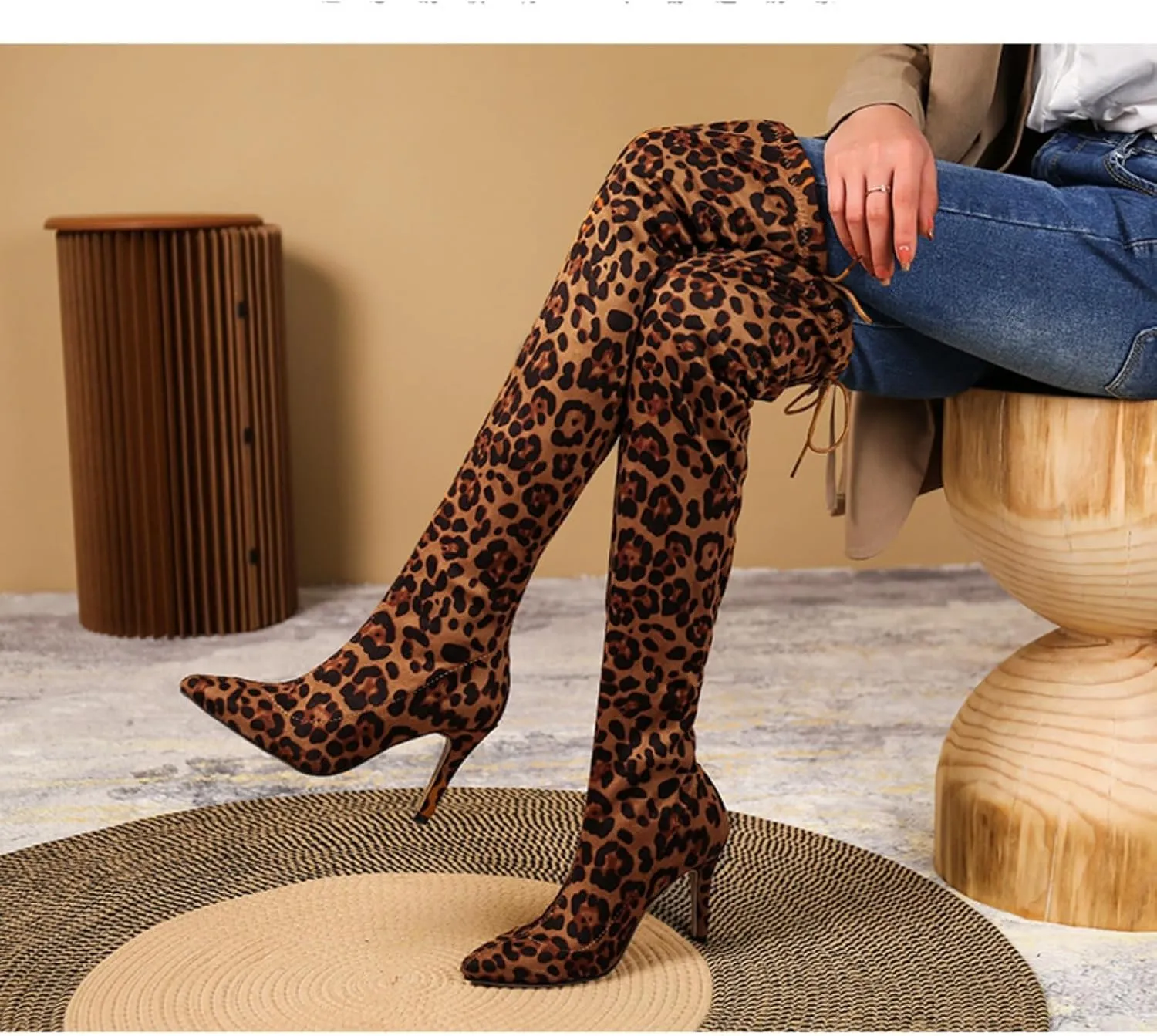Aflngle Women's Over The Knee Thigh High Boots Fashion Pointed Toe Stretch Suede Stiletto High Heel Long Boots
