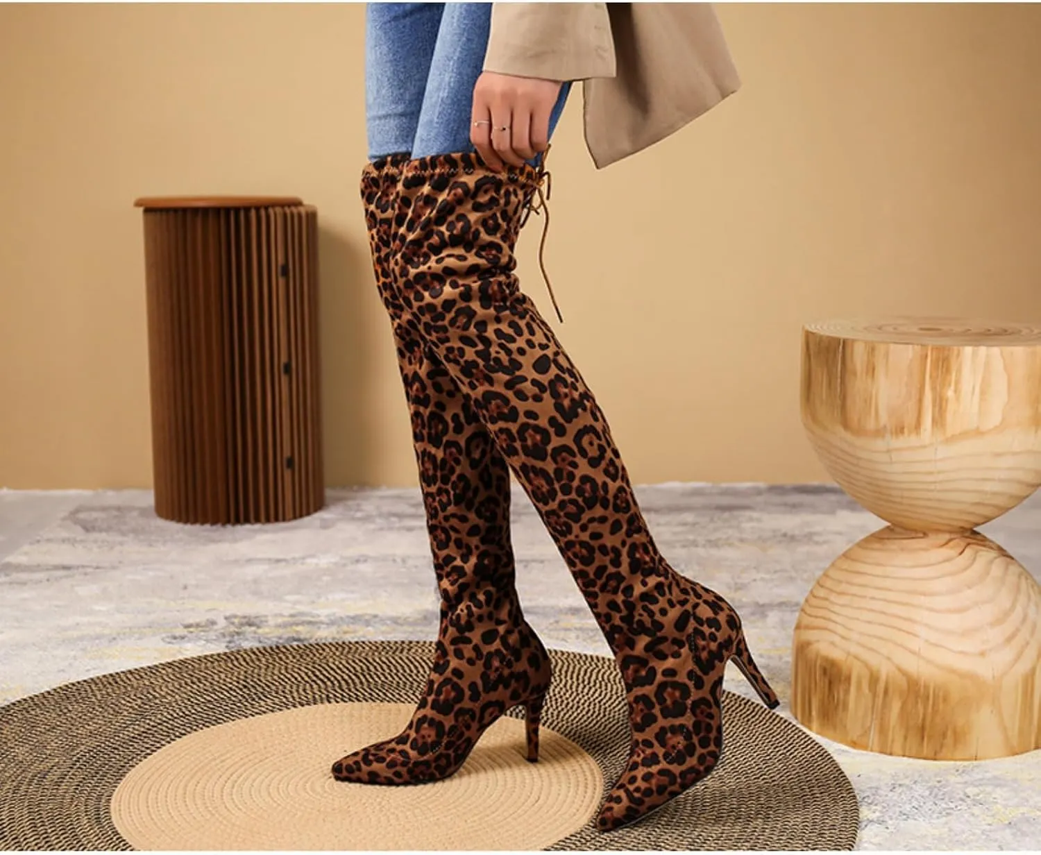 Aflngle Women's Over The Knee Thigh High Boots Fashion Pointed Toe Stretch Suede Stiletto High Heel Long Boots