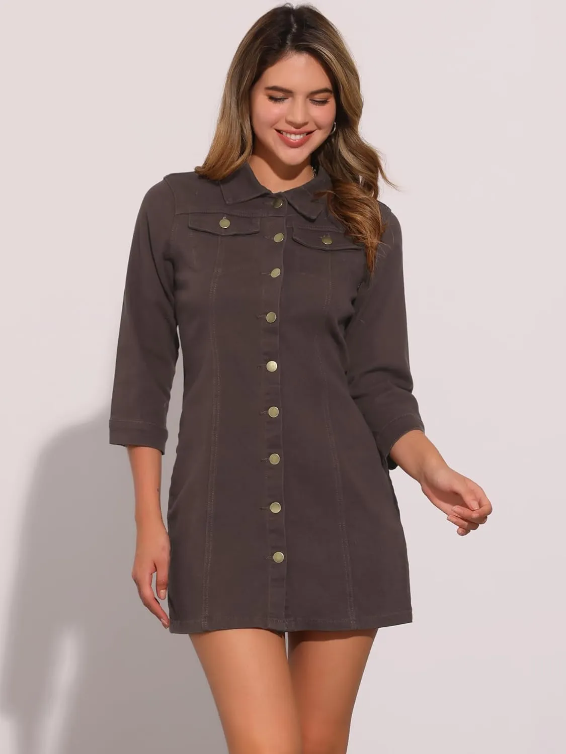 Allegra K Women's 3/4 Sleeve Button Down Denim Dress