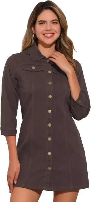 Allegra K Women's 3/4 Sleeve Button Down Denim Dress