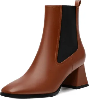 Ankle Boots for Women，Fashionable Soft Elastic Ankle Boots，Square Toe Chunky Mid Heel Women's Ankle Booties