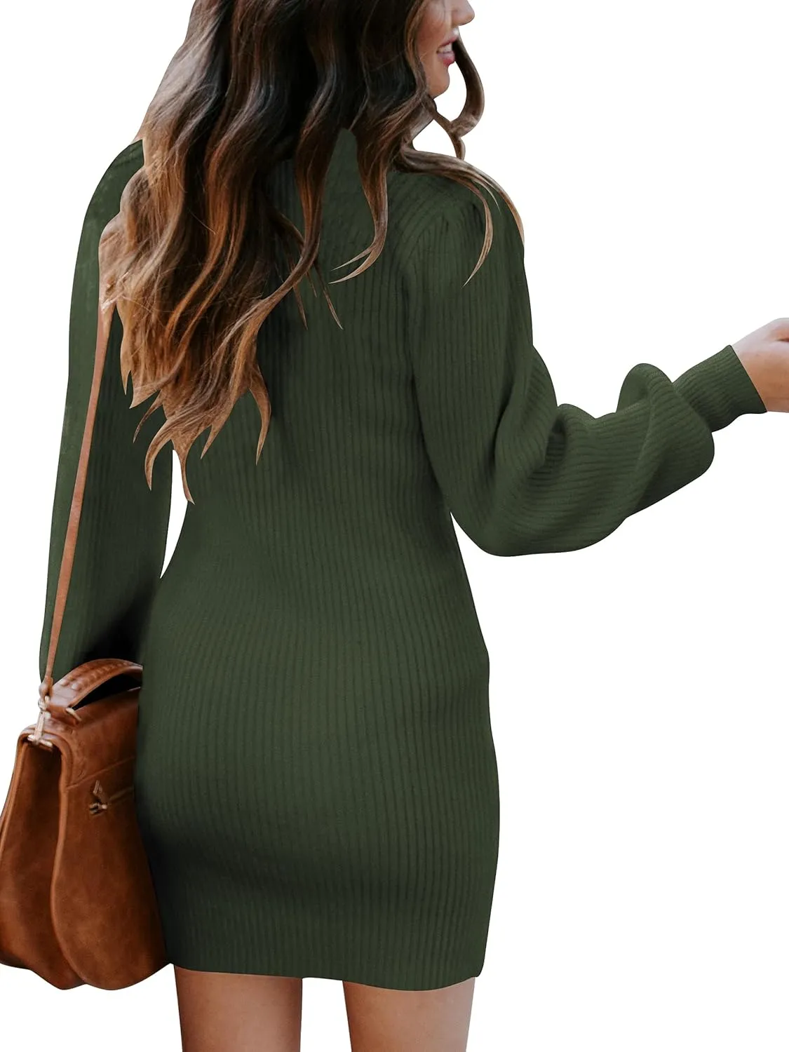 ANRABESS Women Long Sleeve Turtle Mock Neck Rib Knit Stretch Slim Fitted Bodycon Sweater Mini Short Dress 2024 Fall Outfits