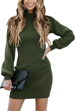 ANRABESS Women Long Sleeve Turtle Mock Neck Rib Knit Stretch Slim Fitted Bodycon Sweater Mini Short Dress 2024 Fall Outfits