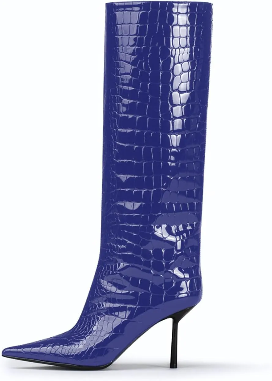 anteikira Women's Stiletto Heel Pointed Toe Knee High Boots Winter Pull-on Crocodile Long Boots High Heel Fashion Tall Boots for Women Size 5.5-12US