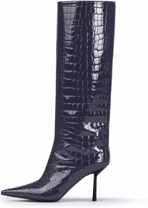 anteikira Women's Stiletto Heel Pointed Toe Knee High Boots Winter Pull-on Crocodile Long Boots High Heel Fashion Tall Boots for Women Size 5.5-12US