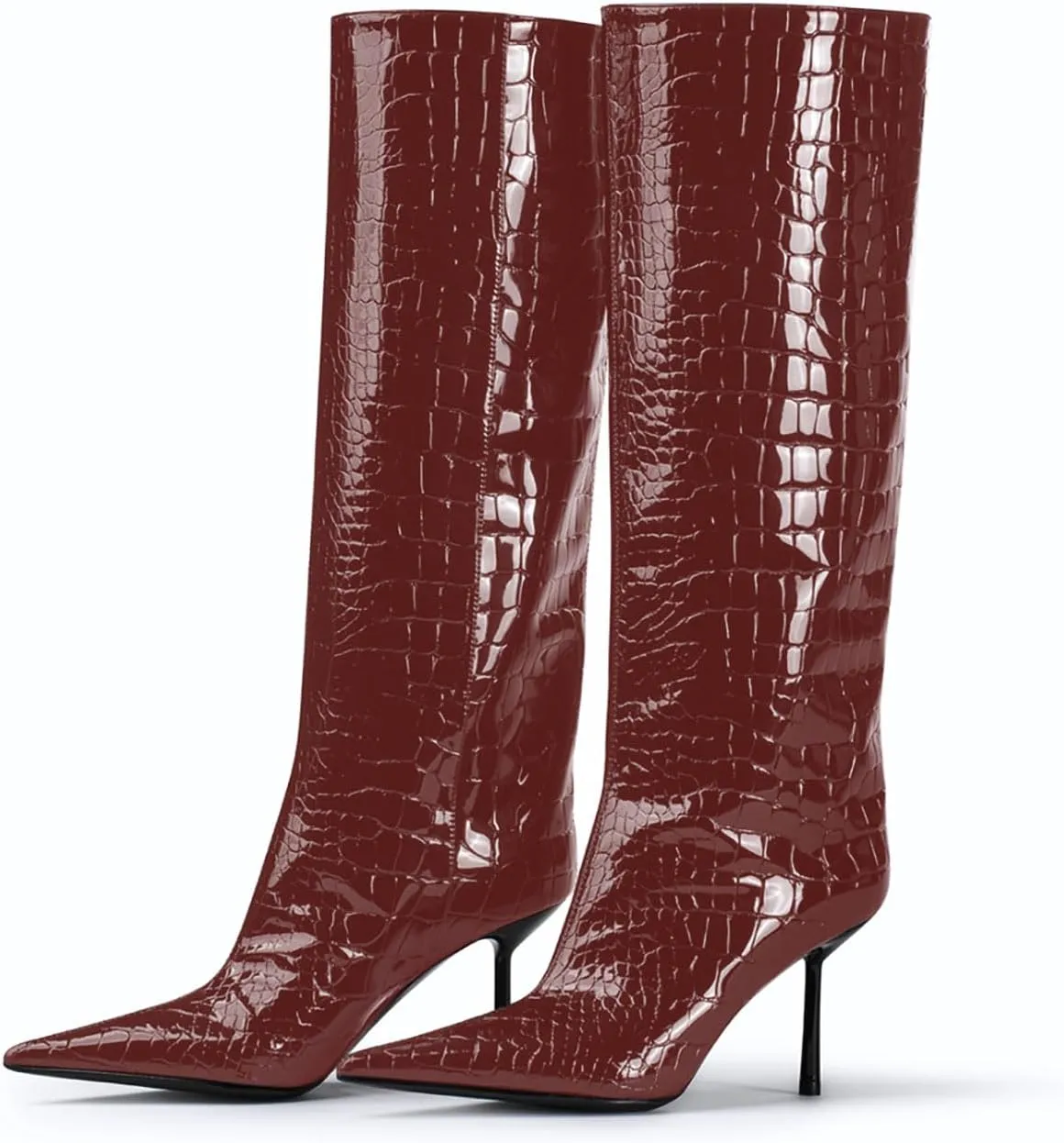 anteikira Women's Stiletto Heel Pointed Toe Knee High Boots Winter Pull-on Crocodile Long Boots High Heel Fashion Tall Boots for Women Size 5.5-12US
