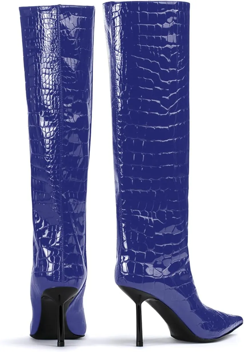 anteikira Women's Stiletto Heel Pointed Toe Knee High Boots Winter Pull-on Crocodile Long Boots High Heel Fashion Tall Boots for Women Size 5.5-12US
