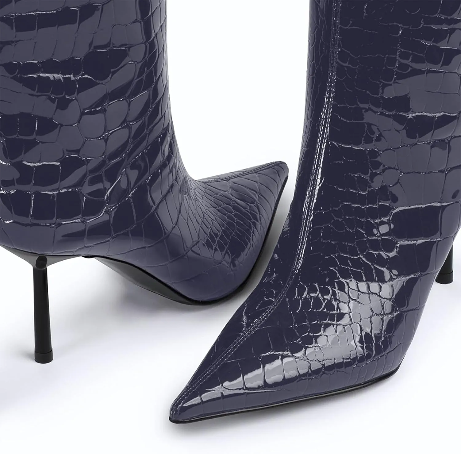 anteikira Women's Stiletto Heel Pointed Toe Knee High Boots Winter Pull-on Crocodile Long Boots High Heel Fashion Tall Boots for Women Size 5.5-12US