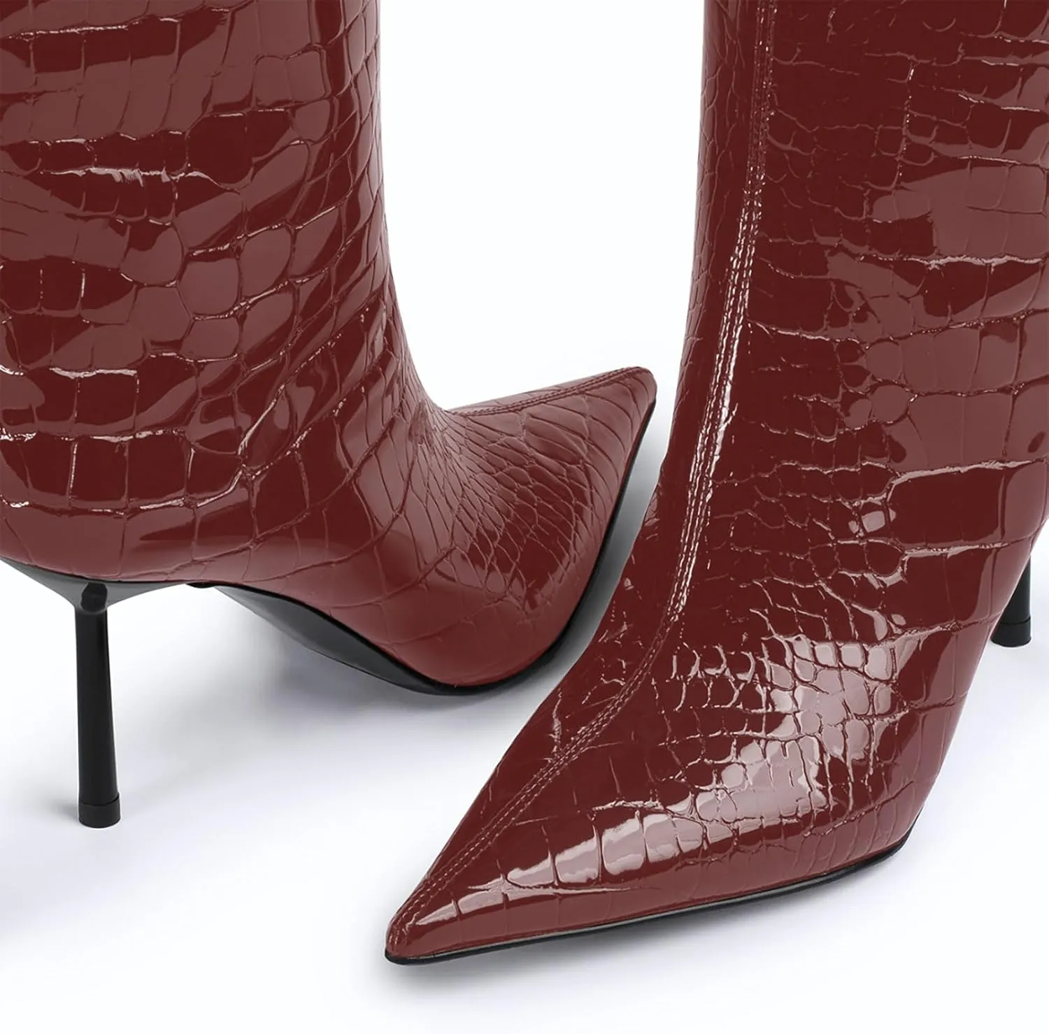 anteikira Women's Stiletto Heel Pointed Toe Knee High Boots Winter Pull-on Crocodile Long Boots High Heel Fashion Tall Boots for Women Size 5.5-12US