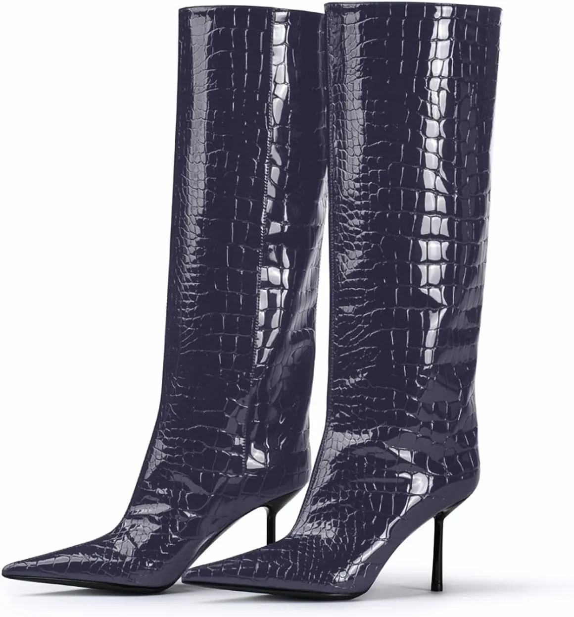 anteikira Women's Stiletto Heel Pointed Toe Knee High Boots Winter Pull-on Crocodile Long Boots High Heel Fashion Tall Boots for Women Size 5.5-12US
