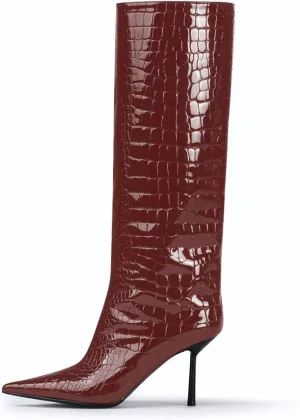anteikira Women's Stiletto Heel Pointed Toe Knee High Boots Winter Pull-on Crocodile Long Boots High Heel Fashion Tall Boots for Women Size 5.5-12US