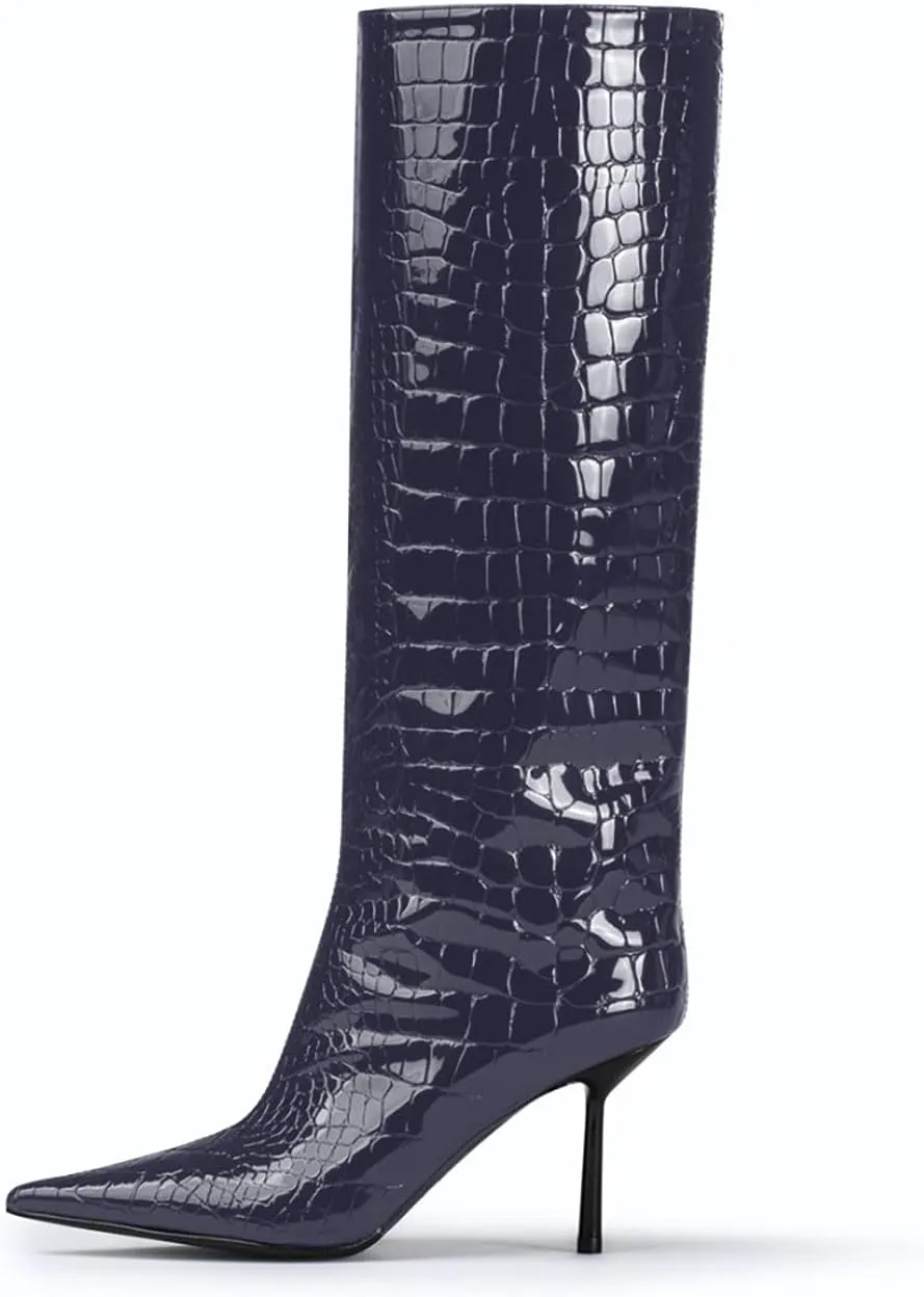 anteikira Women's Stiletto Heel Pointed Toe Knee High Boots Winter Pull-on Crocodile Long Boots High Heel Fashion Tall Boots for Women Size 5.5-12US
