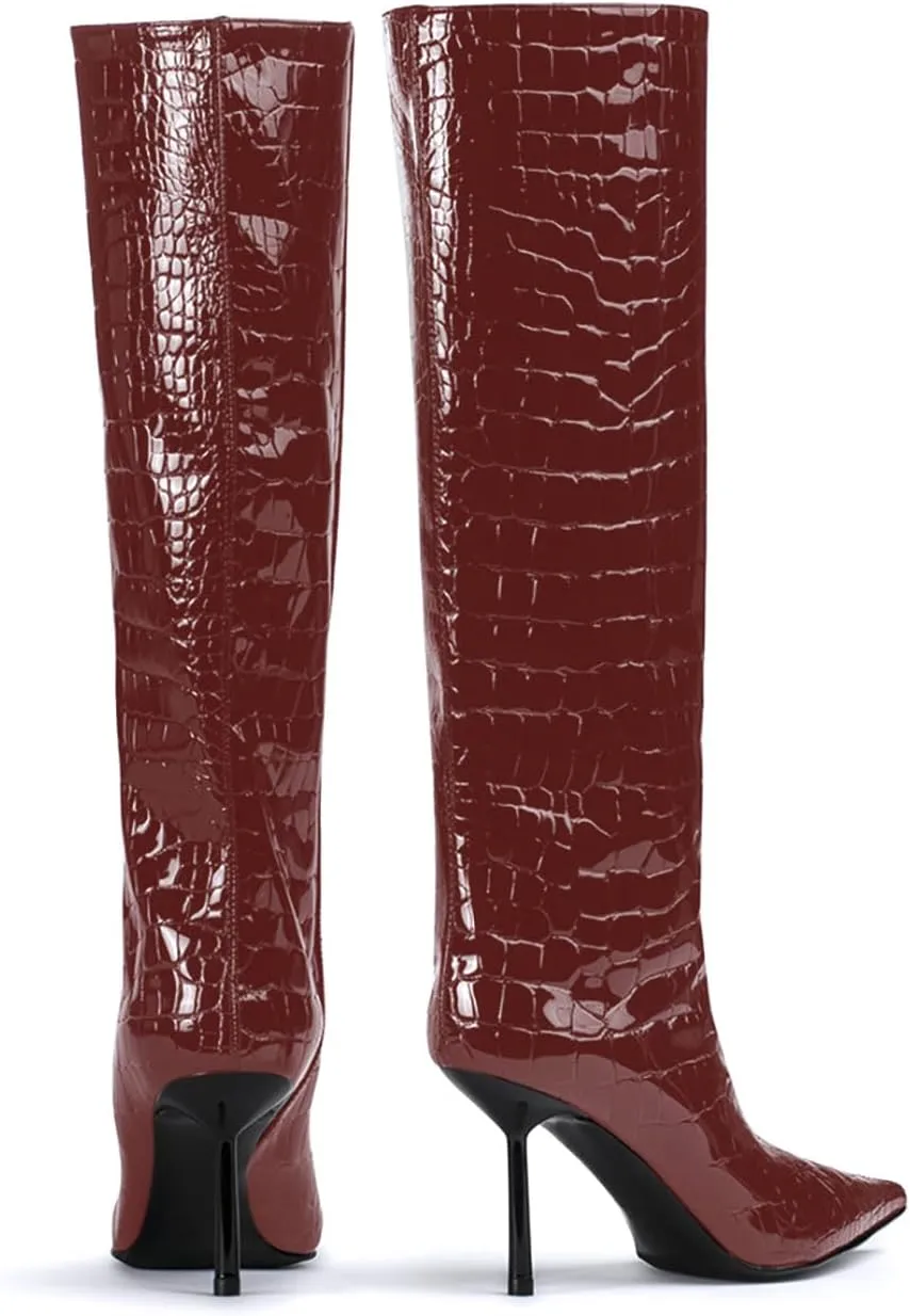 anteikira Women's Stiletto Heel Pointed Toe Knee High Boots Winter Pull-on Crocodile Long Boots High Heel Fashion Tall Boots for Women Size 5.5-12US