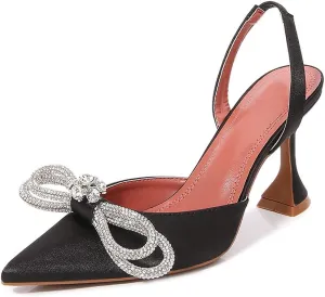 Arqa Satin Slingback Heels for Women Crystal Pointed Toe High Heels Wedding Bride Pump Shoes
