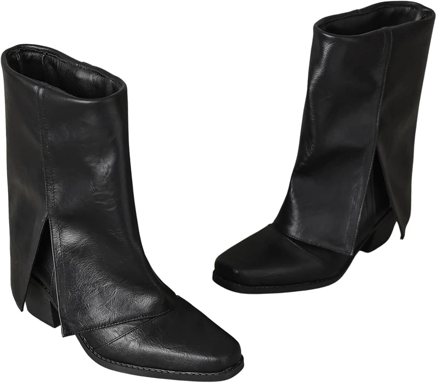 baobeijiadao Womens Square Toe Mid Calf Boots Chunky Heel Fold Over Boots Pull On Non Slip Fashion Boots for Women