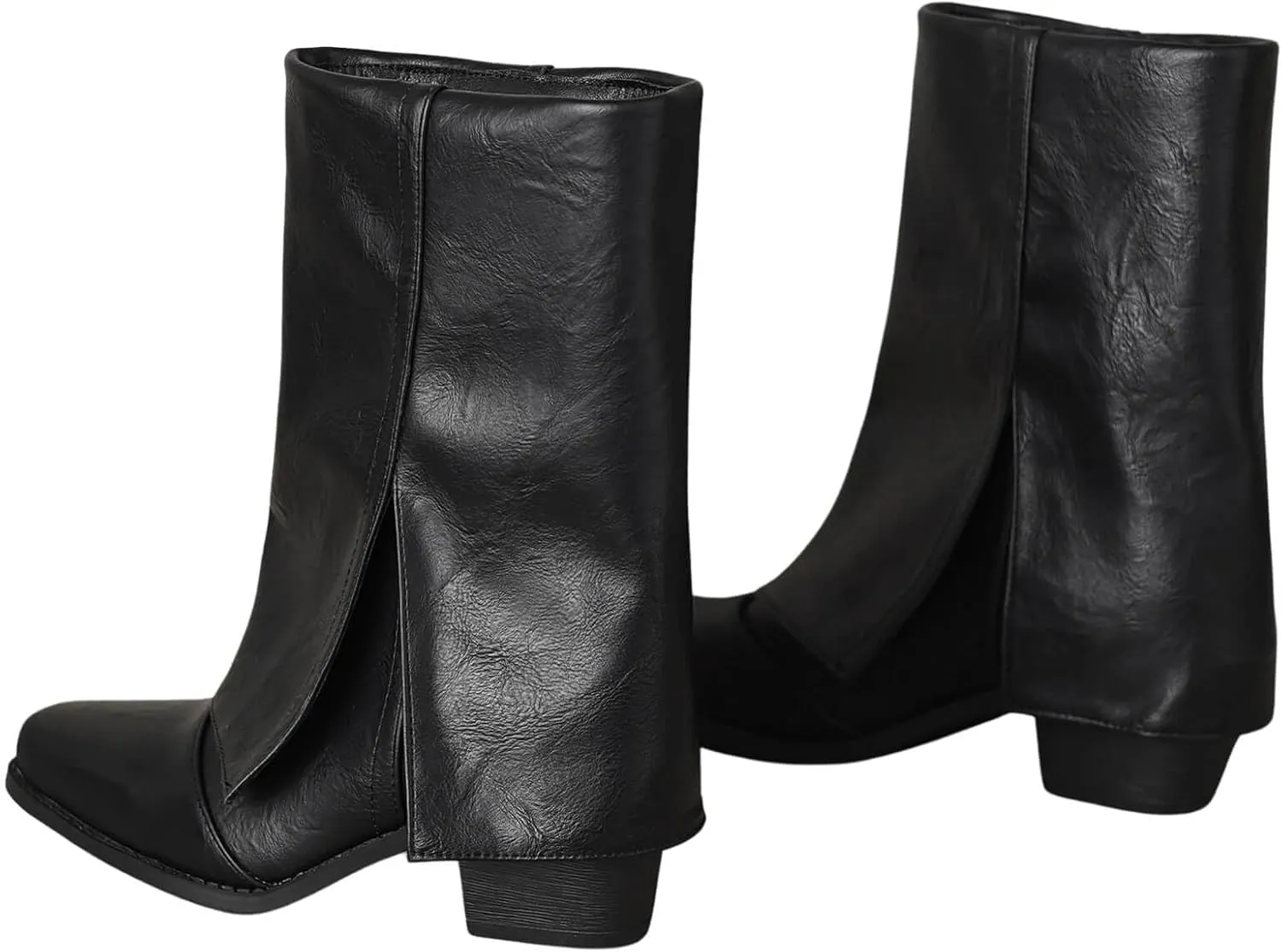 baobeijiadao Womens Square Toe Mid Calf Boots Chunky Heel Fold Over Boots Pull On Non Slip Fashion Boots for Women
