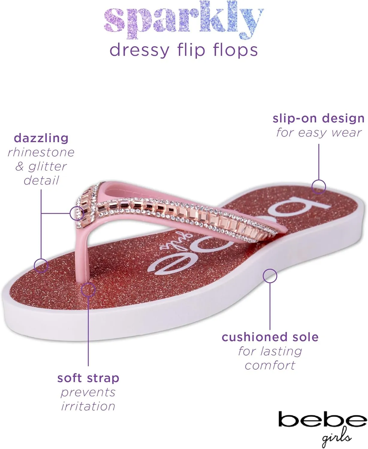 bebe Girls' Sandals - Open Toe Slip On Summer Holiday Rhinestone Thong Flip Flops with Soft Strap and Cushioned Sole
