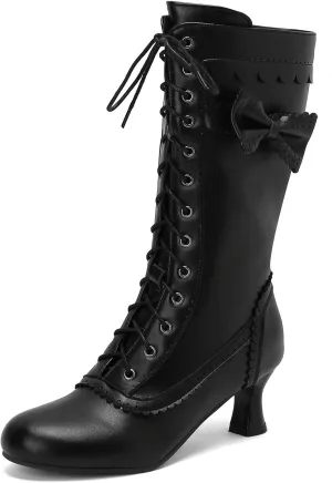 Betastella Womens Vintage Victorian Mid Calf Boots Lace Up Kitten Heel Knee High Renaissance Boots with Bow