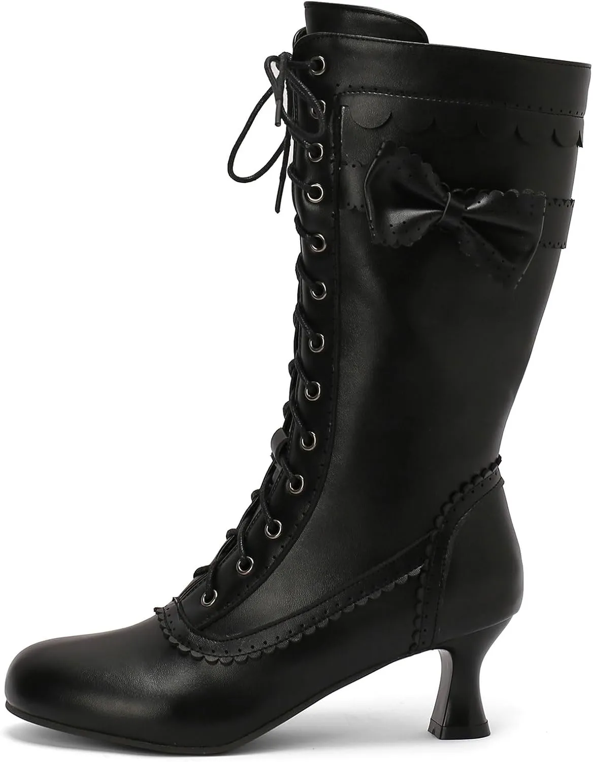 Betastella Womens Vintage Victorian Mid Calf Boots Lace Up Kitten Heel Knee High Renaissance Boots with Bow
