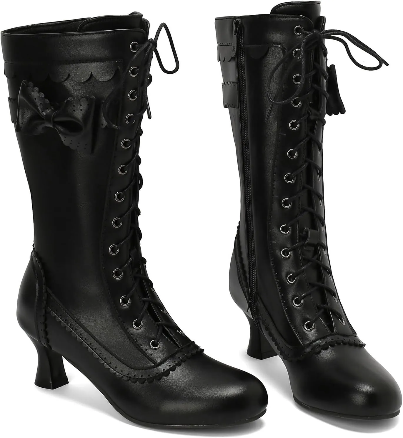 Betastella Womens Vintage Victorian Mid Calf Boots Lace Up Kitten Heel Knee High Renaissance Boots with Bow