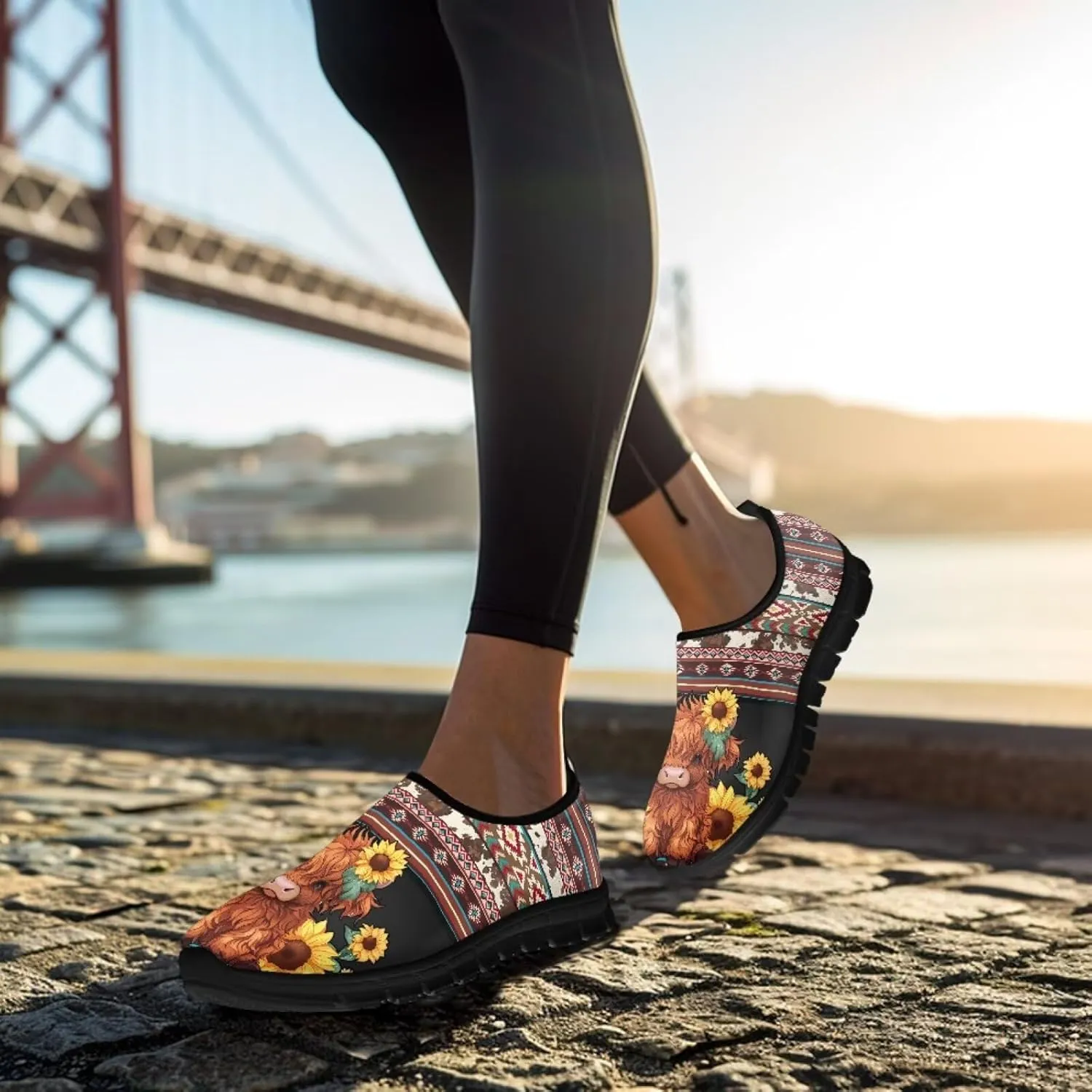 Cartoon Cattle Print Slip on Shoes for Women Loafers Hands Free Shoes Running Sneakers