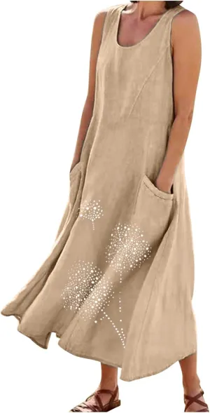 Casual Summer Dresses for Women 2024 Plus Size Sleeveless Flowy Beach Long Dress Dandelion Print Tank Sun Dresses