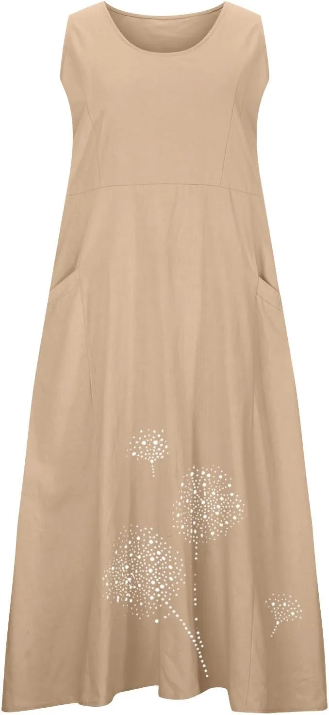 Casual Summer Dresses for Women 2024 Plus Size Sleeveless Flowy Beach Long Dress Dandelion Print Tank Sun Dresses