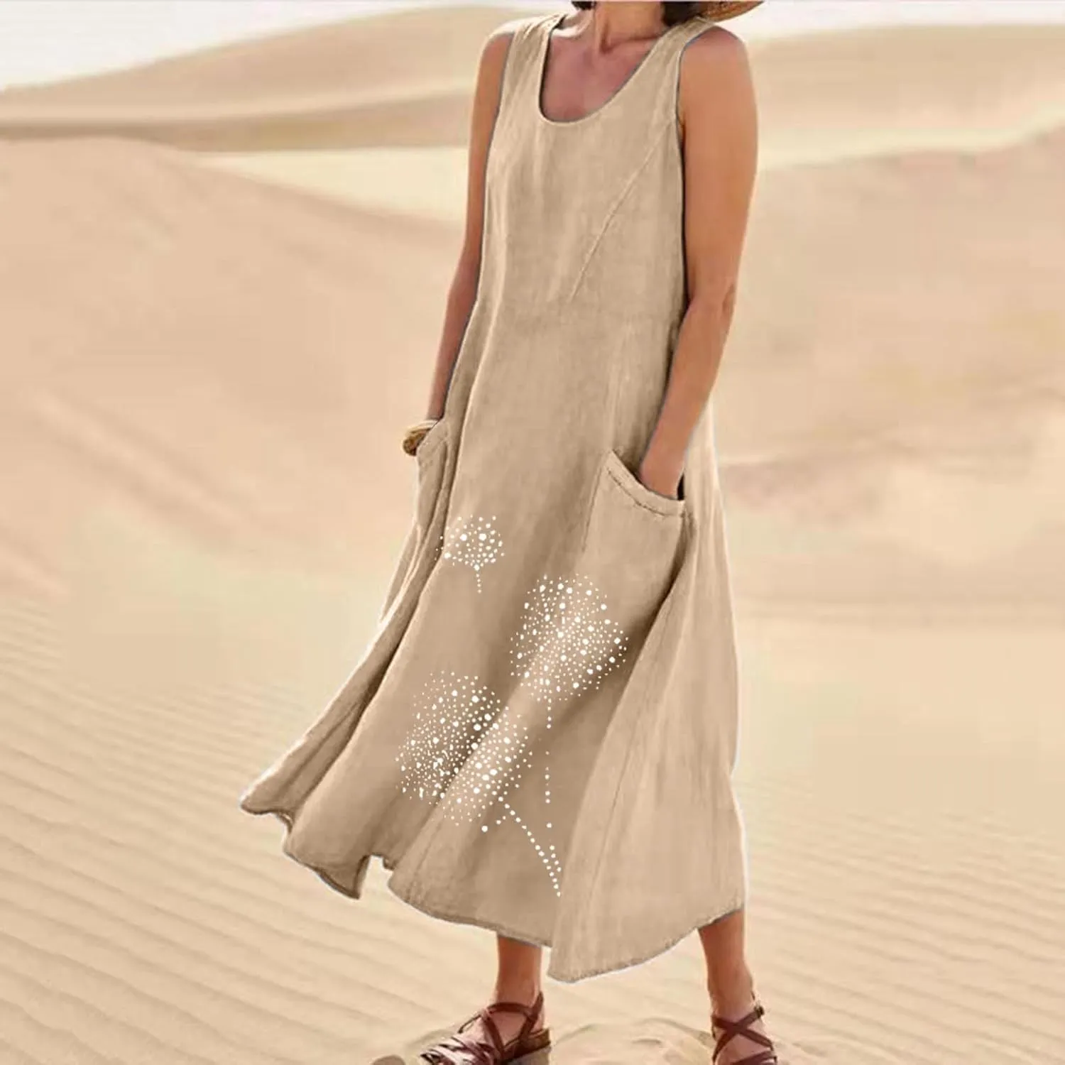 Casual Summer Dresses for Women 2024 Plus Size Sleeveless Flowy Beach Long Dress Dandelion Print Tank Sun Dresses