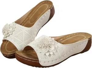 Chic Flowers Orthopedic Sandals for Women Arch Support Fish Mouth Open Toe Leather Slippers Wedge Platform Sandal