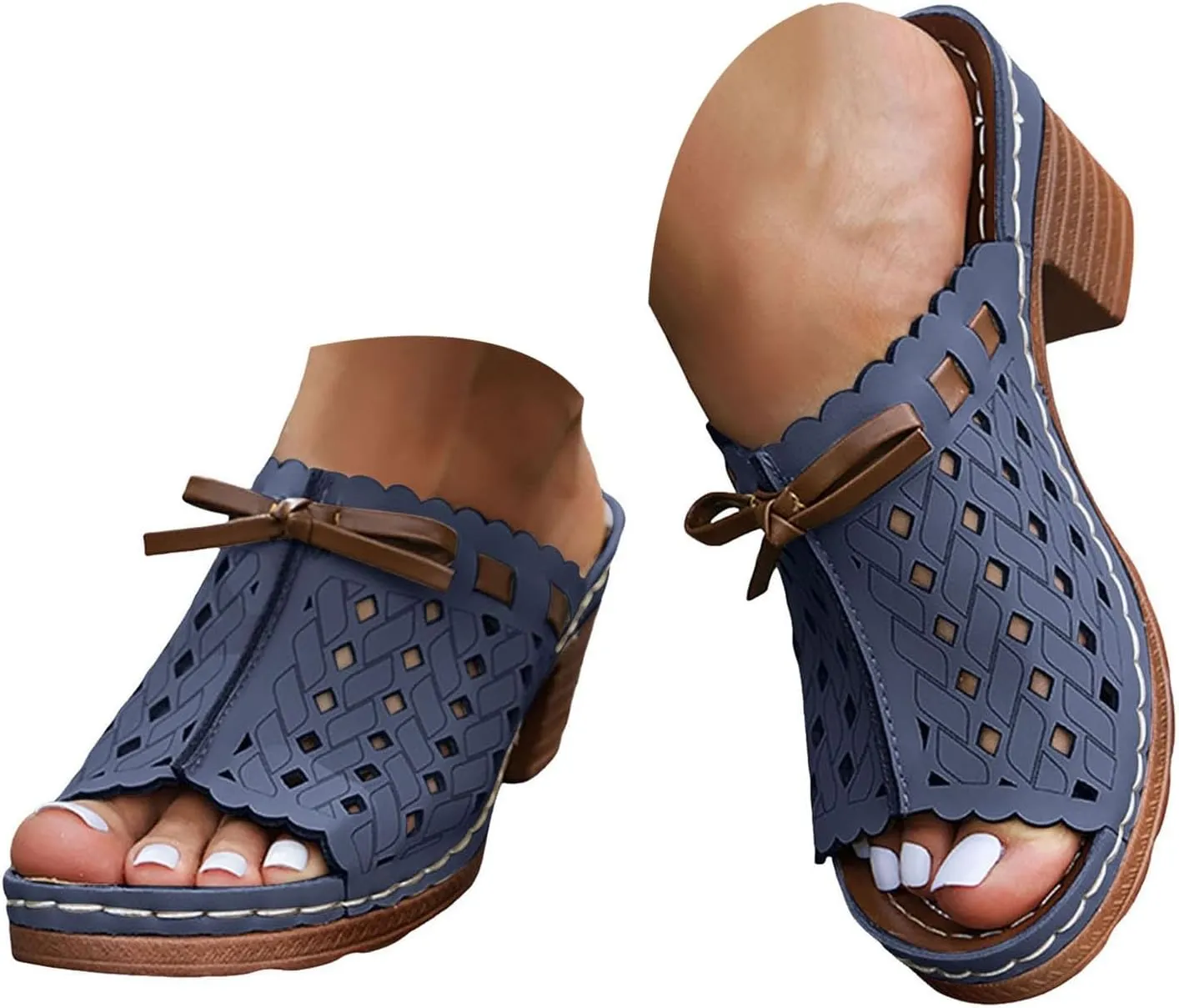 Chunky Heels Sandals for Women 2025 Arch Support Peep Toe Cutout Lace Up Bow Low Mid Heel Slip On Block Sandal Ladies Comfy Summer Slides Orthopedic Casual Shoes for Outdoor Indoor Daily Wear
