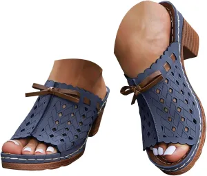 Chunky Heels Sandals for Women 2025 Arch Support Peep Toe Cutout Lace Up Bow Low Mid Heel Slip On Block Sandal Ladies Comfy Summer Slides Orthopedic Casual Shoes for Outdoor Indoor Daily Wear
