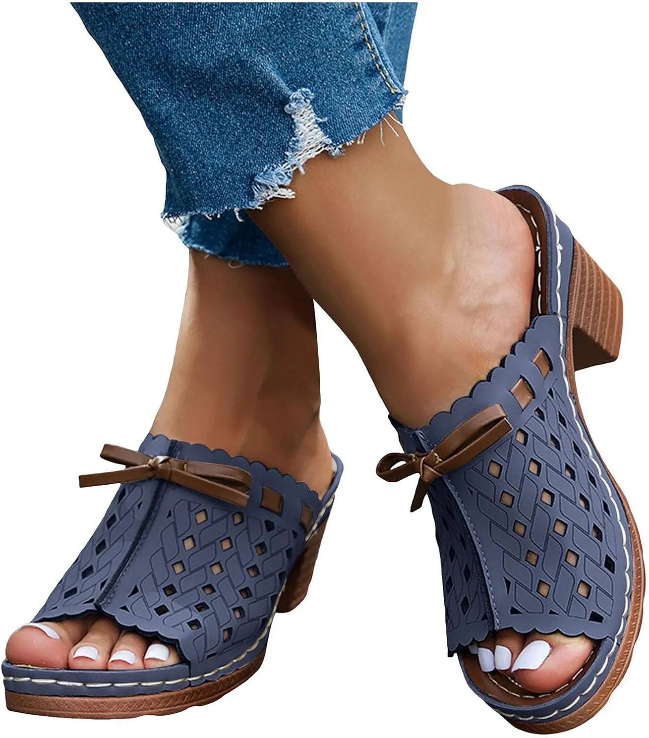 Chunky Heels Sandals for Women 2025 Arch Support Peep Toe Cutout Lace Up Bow Low Mid Heel Slip On Block Sandal Ladies Comfy Summer Slides Orthopedic Casual Shoes for Outdoor Indoor Daily Wear