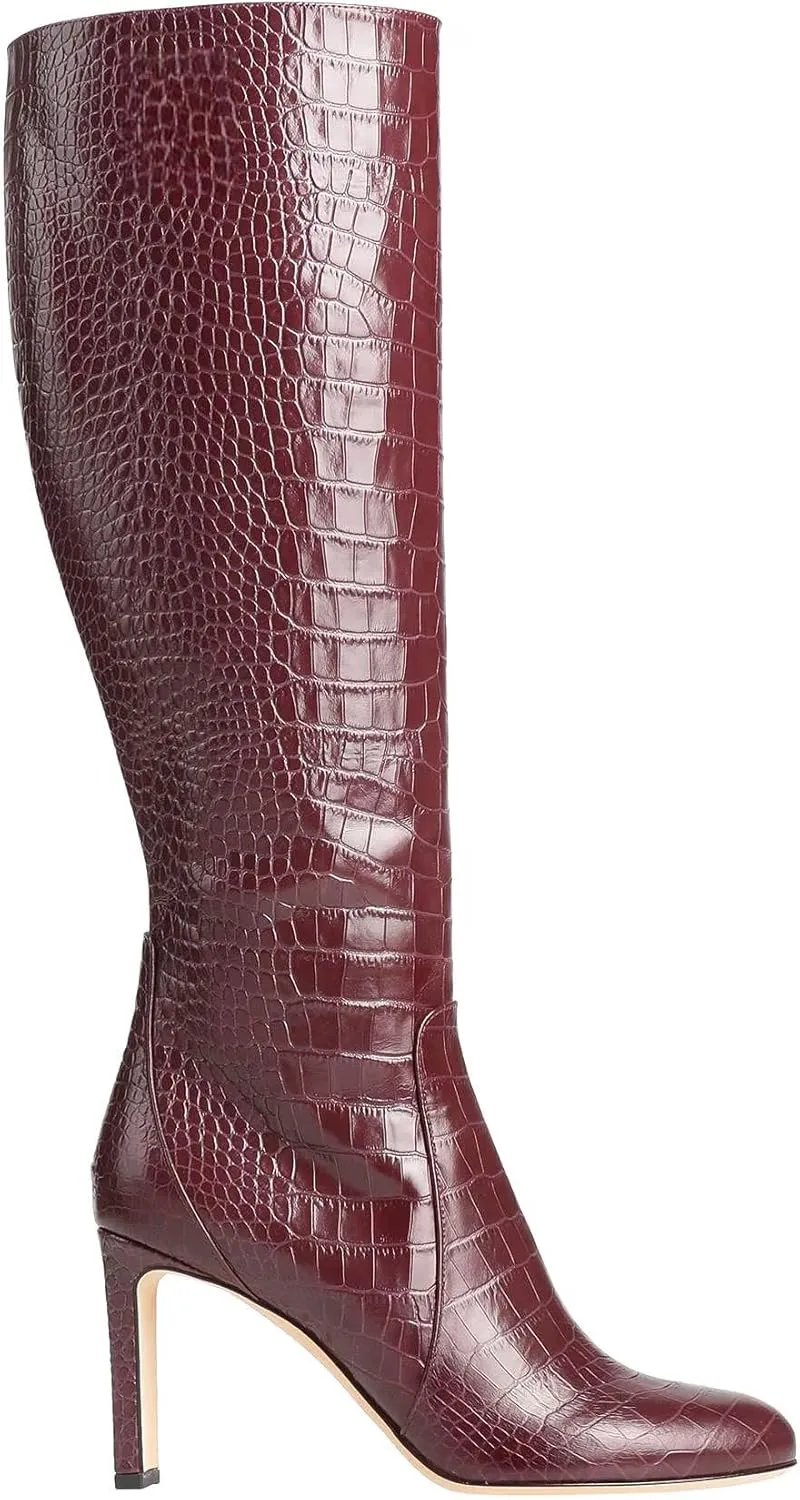 Croc Knee High Boots Riding Boots for Women Stiletto Heel Pointed Toe Leather Tall Boots Long Boots Calf High Boots Faux Crocodile Boots Side Zipper Fall & Winter