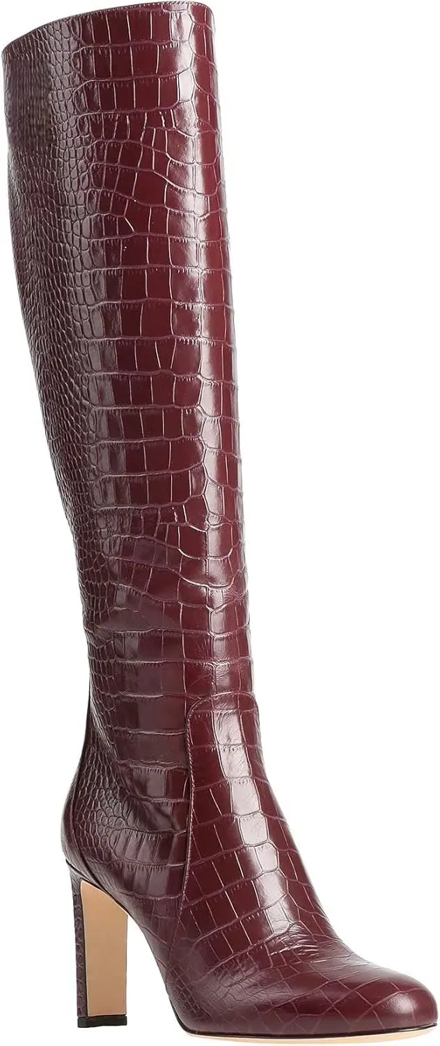 Croc Knee High Boots Riding Boots for Women Stiletto Heel Pointed Toe Leather Tall Boots Long Boots Calf High Boots Faux Crocodile Boots Side Zipper Fall & Winter